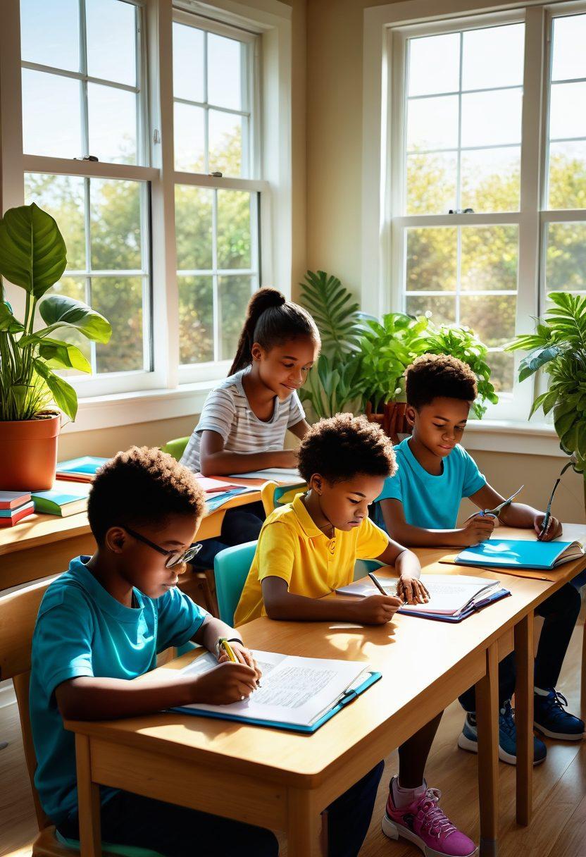 A vibrant and colorful illustration of a diverse group of children engaged in both homeschooling and virtual classrooms, showcasing innovative learning tools like tablets, books, and online lesson plans. The scene captures a bright, inviting study space with elements of technology and nature blending harmoniously, symbolizing modern education's evolution. The children are collaborating, with a joyful atmosphere reflecting curiosity and creativity. digital art. vibrant colors. 3D.