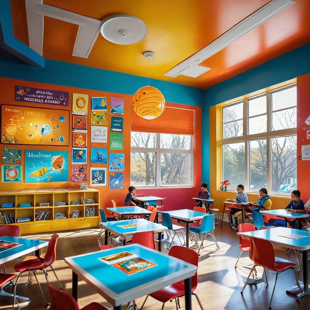 A whimsical classroom scene filled with diverse children engaging with futuristic learning tools like holographic displays, interactive tablets, and augmented reality books. Bright colors dominate the image, conveying a sense of creativity and innovation, while futuristic furniture and educational aids blend seamlessly into the background. Sunshine filters through large windows covered with colorful educational posters, creating an inviting atmosphere. cartoonish style. vibrant colors. playful and dynamic.