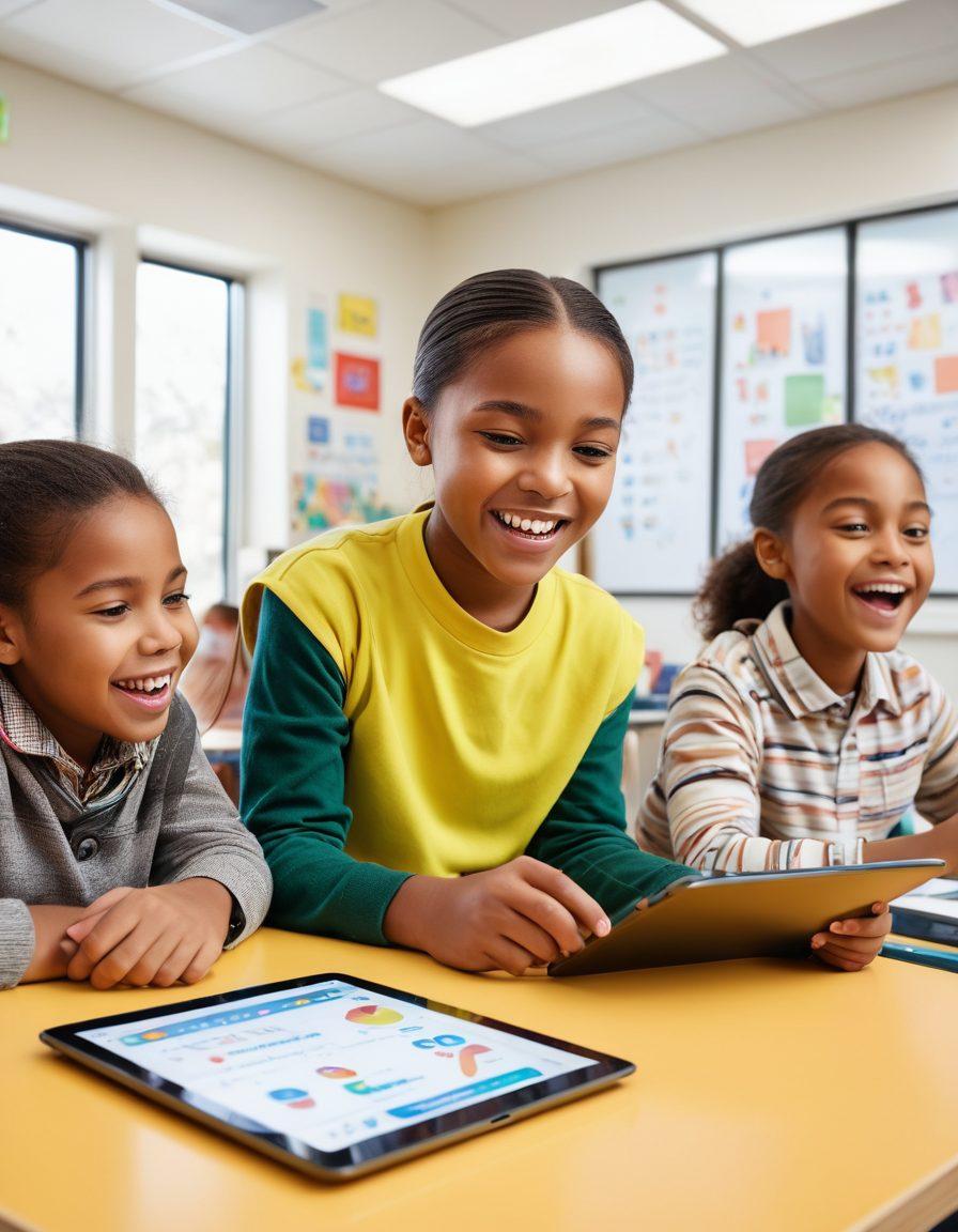 A vibrant and engaging classroom scene, featuring diverse young students collaborating around interactive digital resources like tablets and smart boards. Bright colors and dynamic facial expressions capture excitement and curiosity. Include visual elements of academic tools like books, charts, and fun learning materials scattered around, emphasizing a fun, stimulating learning environment. super-realistic. vibrant colors. white background.